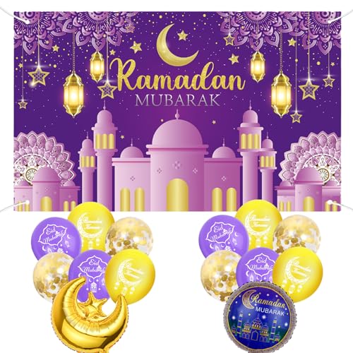 Ramadan Mubarak Hintergrund Banner mit Ramadan Sterne und Mond Balloon,Eid Mubarak Muslim Dekoration Hintergrund Kareem Banner für Ramadan Islamische Party Deko von Ycaaeo