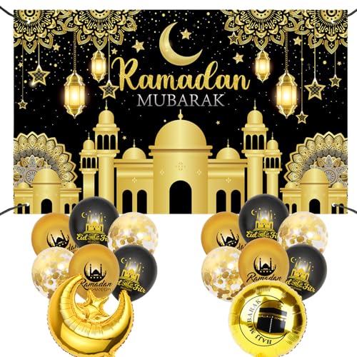 Ramadan Mubarak Hintergrund Banner mit Ramadan Sterne und Mond Balloon,Eid Mubarak Muslim Dekoration Hintergrund Kareem Banner für Ramadan Islamische Party Deko von Ycaaeo