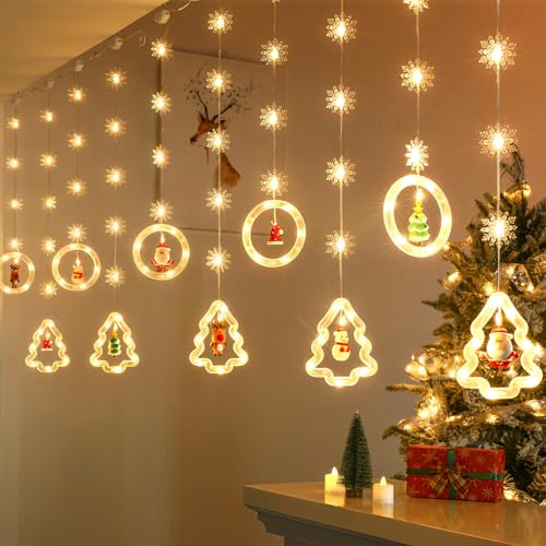 Ycaaeo Lichtervorhang Innen 3m, LED Weihnachtsvorhang Lichter, Weihnachtsmann Schneemann Hängende Lichterkette, Lichterkettenvorhang Weihnachtsdeko, 8 Modi LED - Fensterdeko Weihnachten von Ycaaeo