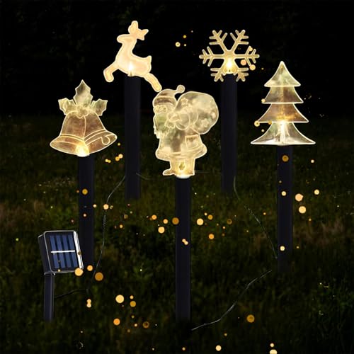 Ycaaeo 5 Stück Acryl Weihnachtsbeleuchtung Außen Solar,Weihnachtsmann | Elch | Schneeflocke | Glocken | Weihnachtsbaum | LED Außenbeleuchtung Weihnachten Solar Weihnachtsdeko für Garten Terrasse von Ycaaeo