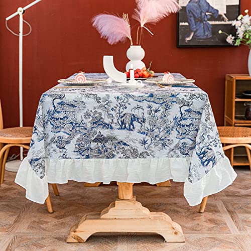 V- 💎Bedruckte Rüschen-Tischdecke aus Baumwoll-Leinen, Bauernhaus-Volant, staubdicht, Tischdecke für Küche, Hochzeit, Bankett, Babyparty, Tischplatte, Wohnzimmer, Schlafzimmer (Blau, 140 x 140 cm) von Yccafgaanm