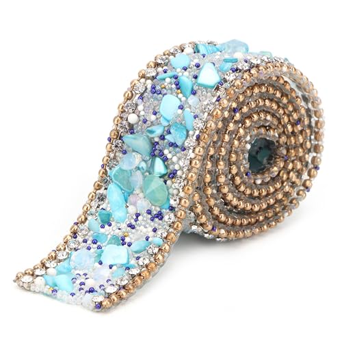 2,5 Cm Strass-Bandbesatz, Strasskette, DIY-Diamant-Mesh-Wrap (Blauer Stein + Goldperlen und Diamantkette) von Yctze