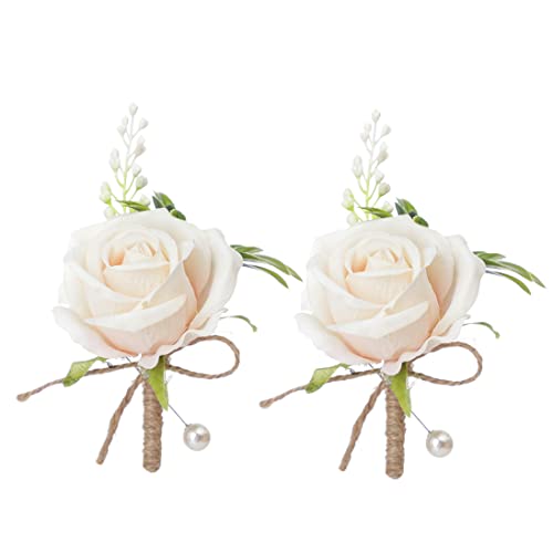 YdseozOA 2 Stück Korsage Hochzeit Boutonniere Künstliche Rosen Blumen Blumenstrauß Brosche Dekor für Braut Bräutigam Hochzeit Prom Party Bankett Rosen Boutonniere (Champagner) von YdseozOA