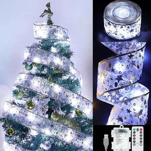 10m Weihnachtsband Lichter,100 LED Band Weihnachtsbeleuchtung,Bänder Lichterketten,Batteriebetriebene Weihnachtslichterkette,für Urlaub,Party,Hochzeiten,Innen und Außenbereich Weihnachtsdekoration von YeahBoom