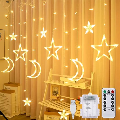 138 LED Ramadan Licht Stern Mond Lichterketten,3.5m LED Sterne Mond Vorhang Licht,led Lichterkette Mond Sterne mit 8 Blinkenden Modi & Fernbedienung,Batterie & USB betriebene Lichterkette von YeahBoom