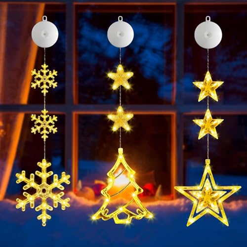 3 Stück Led Fensterdeko Weihnachten,Fensterlicht Weihnachten,Led Stern Fenster,Schneeflocken Fenster Lichter Weihnachten,Fensterlicht Led,Stern Fenster Saugnapf,Fensterdeko Weihnachten Saugnapf von YeahBoom