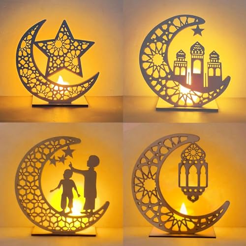 4 Stück Ramadan Holz Lichter Dekoation,Ramadan Dekoration Lichter,Ramadan Holz DIY Lampe Licht,Holz Eid Mubarak Tischdekoration,Eid Mubarak Tischdekoration Mond Stern Nachtlichter (Mondlampe-4pcs-A) von YeahBoom