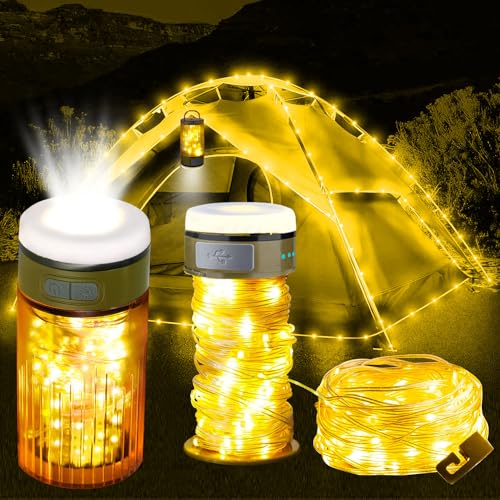 Camping Lichterkette Aufrollbar,10MCamping Lichterkette,Outdoor String Lights mit 3 Beleuchtungsmodi,Tragbare Campinglampe,Wasserdichte Tragbare LED Lichterkette,Usb Wiederaufladbare Campinglampe von YeahBoom