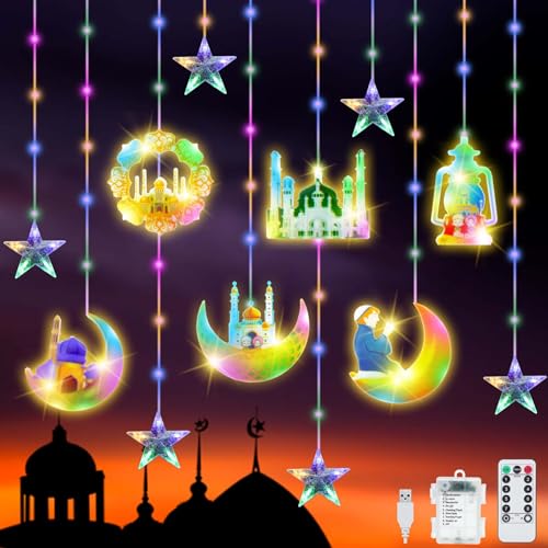 YeahBoom 114 LED Ramadan Licht Stern Mond Lichterketten,3m Sterne Mond und Schloss Ramadan Deko Licht,Eid Mubarak Licht LED mit 8 Blinkenden Modi & Fernbedienung,Batterie & USB betriebene Lichterkette von YeahBoom