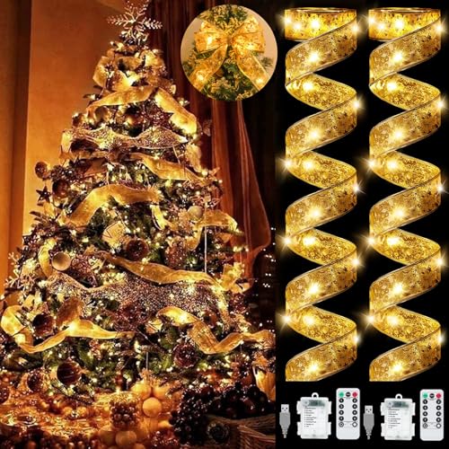 YeahBoom 2 Stück Weihnachtsband Lichter,2×6m 120 LED Band Weihnachtsbeleuchtung,Bänder Lichterketten,Batteriebetriebene Weihnachtslichterkette für Party,Innen und Außenbereich Weihnachtsdekoration von YeahBoom