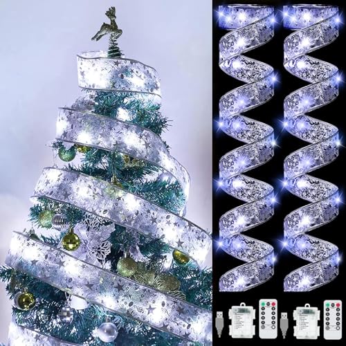 YeahBoom 2 Stück Weihnachtsband Lichter,2×6m 120 LED Band Weihnachtsbeleuchtung,Bänder Lichterketten,Batteriebetriebene Weihnachtslichterkette für Party,Innen und Außenbereich Weihnachtsdekoration von YeahBoom