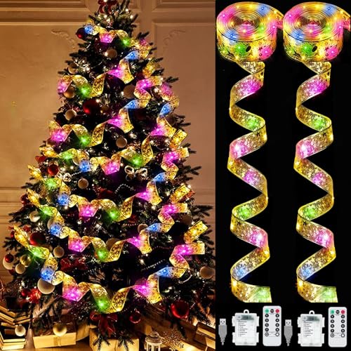 YeahBoom 2 Stück Weihnachtsband Lichter,2×6m 120 LED Band Weihnachtsbeleuchtung,Bänder Lichterketten,Batteriebetriebene Weihnachtslichterkette für Party,Innen und Außenbereich Weihnachtsdekoration von YeahBoom