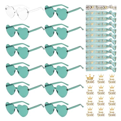 YeahBoom 36 Stück JGA Brille Team Braut Armbänder,Bride to Be Herz Brille Set,12Herz Sonnenbrille+12Bride Tattoo Aufkleber+12Bride Armband,Jungesellinnenabschied Frau Accessoires,JGA Deko Accessoires von YeahBoom