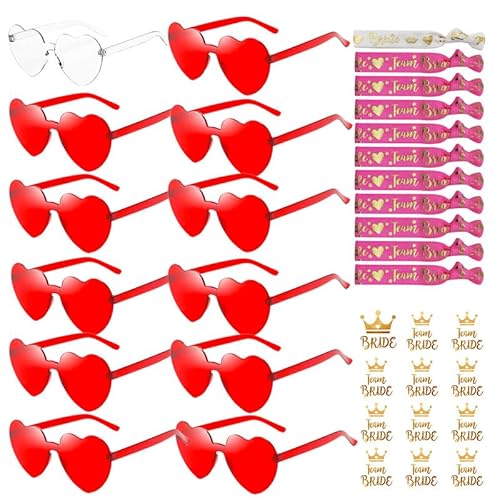 YeahBoom 36 Stück JGA Brille Team Braut Armbänder,Bride to Be Herz Brille Set,12Herz Sonnenbrille+12Bride Tattoo Aufkleber+12Bride Armband,Jungesellinnenabschied Frau Accessoires,JGA Deko Accessoires von YeahBoom