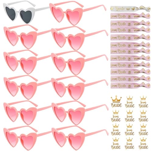 YeahBoom 36 Stück JGA Brille Team Braut Armbänder,Bride to Be Herz Brille Set,12Herz Sonnenbrille+12Bride Tattoo Aufkleber+12Bride Armband,Jungesellinnenabschied Frau Accessoires,JGA Deko Accessoires von YeahBoom