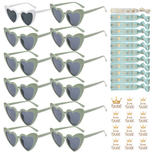 YeahBoom 36 Stück JGA Brille Team Braut Armbänder,Bride to Be Herz Brille Set,12Herz Sonnenbrille+12Bride Tattoo Aufkleber+12Bride Armband,Jungesellinnenabschied Frau Accessoires,JGA Deko Accessoires von YeahBoom