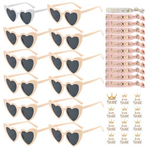 YeahBoom 36 Stück JGA Brille Team Braut Armbänder,Bride to Be Herz Brille Set,12Herz Sonnenbrille+12Bride Tattoo Aufkleber+12Bride Armband,Jungesellinnenabschied Frau Accessoires,JGA Deko Accessoires von YeahBoom