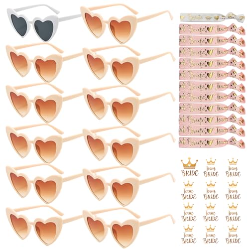 YeahBoom 36 Stück JGA Brille Team Braut Armbänder,Bride to Be Herz Brille Set,12Herz Sonnenbrille+12Bride Tattoo Aufkleber+12Bride Armband,Jungesellinnenabschied Frau Accessoires,JGA Deko Accessoires von YeahBoom