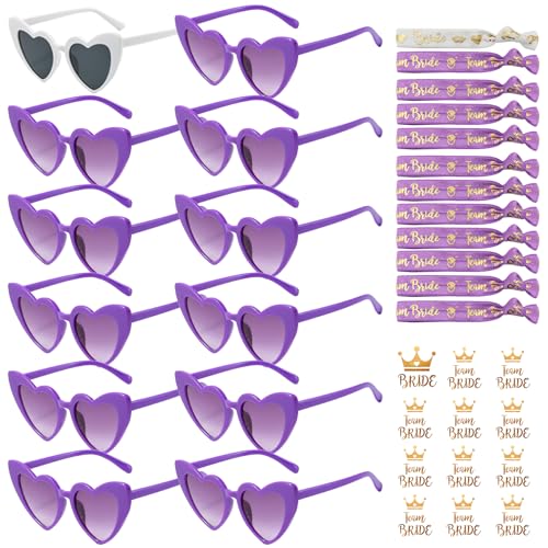 YeahBoom 36 Stück JGA Brille Team Braut Armbänder,Bride to Be Herz Brille Set,12Herz Sonnenbrille+12Bride Tattoo Aufkleber+12Bride Armband,Jungesellinnenabschied Frau Accessoires,JGA Deko Accessoires von YeahBoom