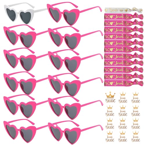 YeahBoom 36 Stück JGA Brille Team Braut Armbänder,Bride to Be Herz Brille Set,12Herz Sonnenbrille+12Bride Tattoo Aufkleber+12Bride Armband,Jungesellinnenabschied Frau Accessoires,JGA Deko Accessoires von YeahBoom