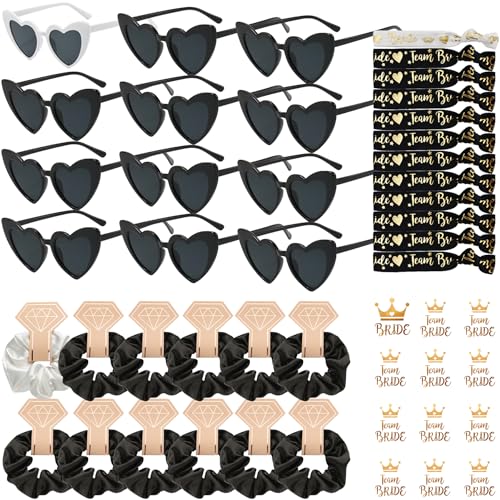 YeahBoom 48 Stück JGA Brille Team Braut,Bride to Be Herz Brille Set,12 Herz Sonnenbrille+12 Bride Haargummi+12 Bride Tattoo Aufkleber+12 Bride Armband,Jungesellinnenabschied Frau Accessoires,JGA Deko von YeahBoom