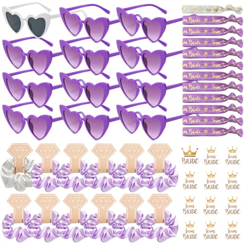 YeahBoom 48 Stück JGA Brille Team Braut,Bride to Be Herz Brille Set,12 Herz Sonnenbrille+12 Bride Haargummi+12 Bride Tattoo Aufkleber+12 Bride Armband,Jungesellinnenabschied Frau Accessoires,JGA Deko von YeahBoom