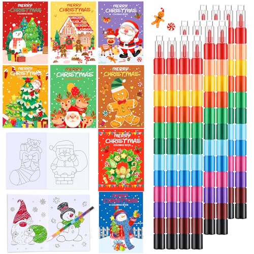 YeahBoom 8 Stück Weihnachten Mini Malbuch und 12 Stück Stapelbare Wachsmalstifte,12 Farben Malen ​Buntstifte für kinder Malerei Geschenk Büro Schulbedarf,Kindergeburtstag Geschenke Set von YeahBoom