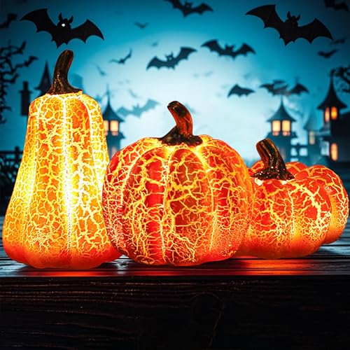 YeahBoom Herbstdeko Kürbis Deko mit LED Licht,3 Stück Herbst Deko Kürbis Laterne,Harz Halloween Deko Herbst Deko Kürbis Laterne Deko Figuren Licht für Tischdeko, Halloween, Party, Garten Deko von YeahBoom