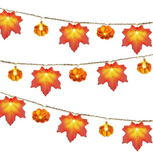 YeahBoom Lichterkette Herbst,Ahornblatt Lichterkette,3M 20 LED Halloween Ahornblatt Kürbis Lichterketten String,Herbst Lichterkette,Ahornblätter Licht für Herbst Party von YeahBoom