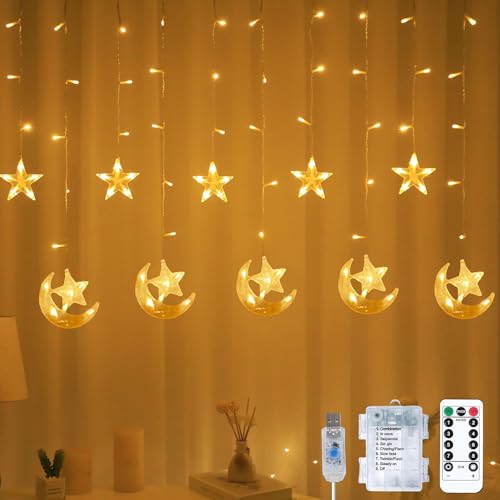 YeahBoom Lichterkette Mond Sterne,Ramadan Licht Stern Mond Lichterketten,138 LED Star Moon Vorhang Lichterkette,Ramadan Lichterkette,8 Modi Lichtervorhang USB & Batterie Betriebene mit Fernbedienung von YeahBoom