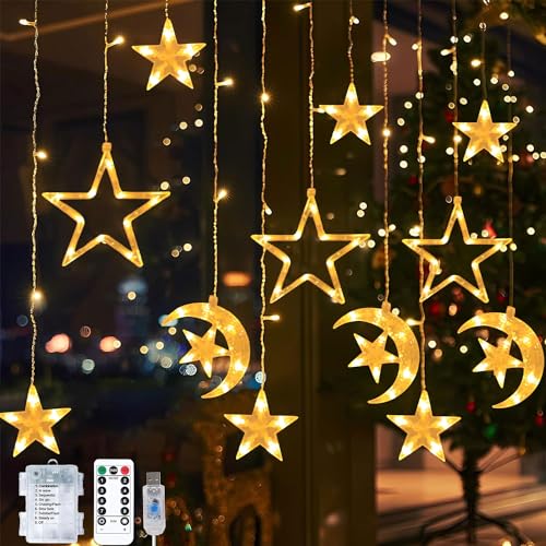 YeahBoom Lichterkette Mond Sterne,Ramadan Licht Stern Mond Lichterketten,138 LED Star Moon Vorhang Lichterkette,Ramadan Lichterkette,8 Modi Lichtervorhang USB & Batterie Betriebene mit Fernbedienung von YeahBoom