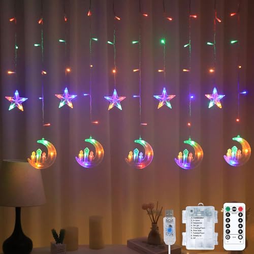 YeahBoom Lichterkette Mond Sterne,Ramadan Licht Stern Mond Lichterketten,138 LED Star Moon Vorhang Lichterkette,Ramadan Lichterkette,8 Modi Lichtervorhang USB & Batterie Betriebene mit Fernbedienung von YeahBoom