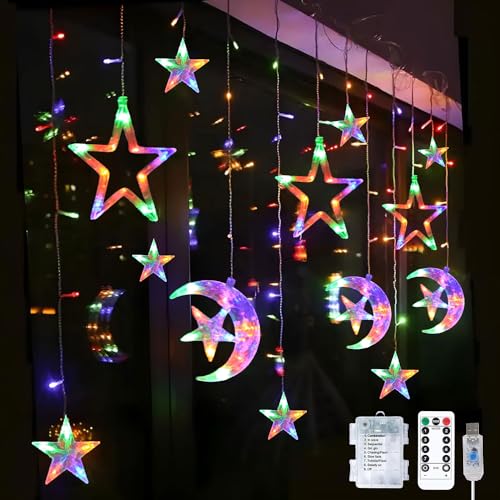 YeahBoom Lichterkette Mond Sterne,Ramadan Licht Stern Mond Lichterketten,138 LED Star Moon Vorhang Lichterkette,Ramadan Lichterkette,8 Modi Lichtervorhang USB & Batterie Betriebene mit Fernbedienung von YeahBoom