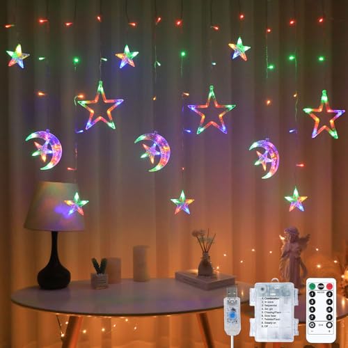 YeahBoom Lichterkette Mond Sterne,Ramadan Licht Stern Mond Lichterketten,138 LED Star Moon Vorhang Lichterkette,Ramadan Lichterkette,8 Modi Lichtervorhang USB & Batterie Betriebene mit Fernbedienung von YeahBoom