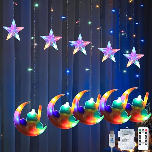 YeahBoom Lichterkette Mond Sterne,Ramadan Licht Stern Mond Lichterketten,138 LED Star Moon Vorhang Lichterkette,Ramadan Lichterkette,8 Modi Lichtervorhang USB & Batterie Betriebene mit Fernbedienung von YeahBoom