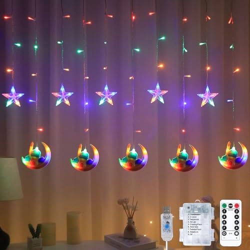 YeahBoom Lichterkette Mond Sterne,Ramadan Licht Stern Mond Lichterketten,138 LED Star Moon Vorhang Lichterkette,Ramadan Lichterkette,8 Modi Lichtervorhang USB & Batterie Betriebene mit Fernbedienung von YeahBoom