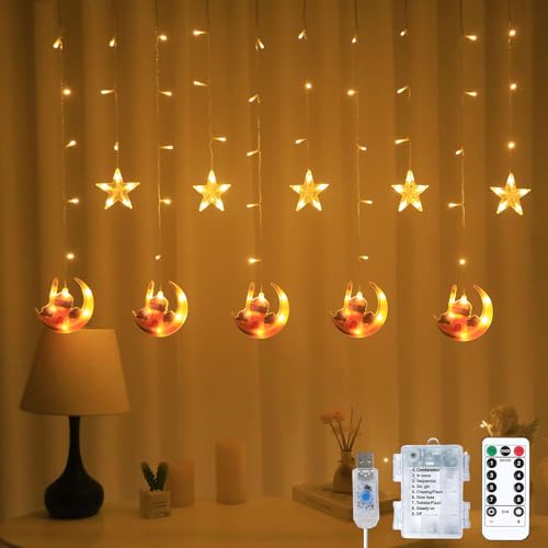 YeahBoom Lichterkette Mond Sterne,Ramadan Licht Stern Mond Lichterketten,138 LED Star Moon Vorhang Lichterkette,Ramadan Lichterkette,8 Modi Lichtervorhang USB & Batterie Betriebene mit Fernbedienung von YeahBoom