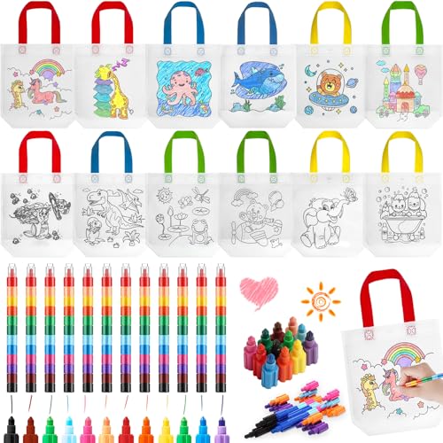 YeahBoom Taschen zum Bemalen für Kinder,12 Stück Stoffbeutel zum Bemalen für Kinder und 12 Stück Stapelbare Wachsmalstifte(12 Farben),DIY Kinder Stoffbeutel Set,DIY Graffiti Non-Woven Stoffbeutel von YeahBoom