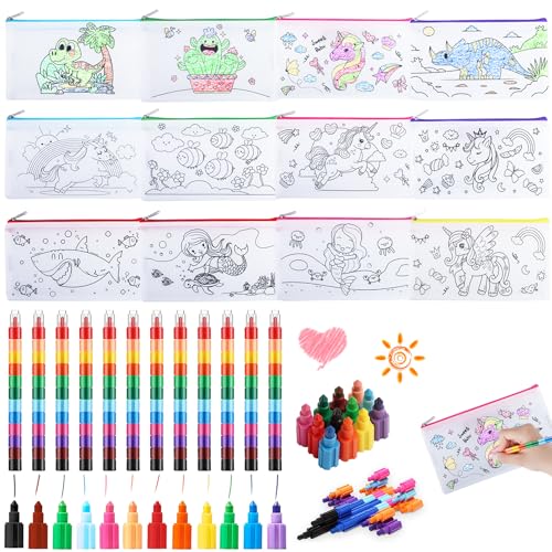 YeahBoom Taschen zum Bemalen für Kinder,12 Stück Stoffbeutel zum Bemalen für Kinder und 12 Stück Stapelbare Wachsmalstifte(12 Farben),DIY Kinder Stoffbeutel Set,DIY Graffiti Non-Woven Stoffbeutel von YeahBoom