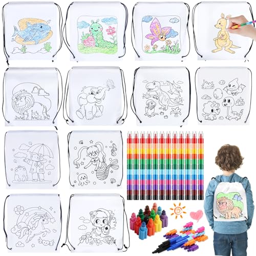 YeahBoom Taschen zum Bemalen für Kinder,12 Stück Stoffbeutel zum Bemalen für Kinder und 12 Stück Stapelbare Wachsmalstifte(12 Farben),DIY Kinder Stoffbeutel Set,DIY Graffiti Non-Woven Stoffbeutel von YeahBoom