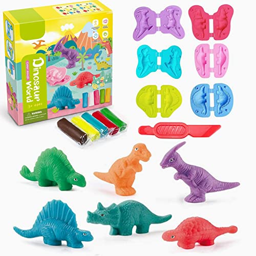 Yeahbo Knete Zubehör Knetwerkzeug Set ab 2 3 4 Jahre, Intelligente Knete Set mit 6 Dinosaurier Modelliermasse Lufttrocknend, Polymer Clay Dino Spielzeug Kreative Geschenk für Kinder Jungen Mädchen von Yeahbo