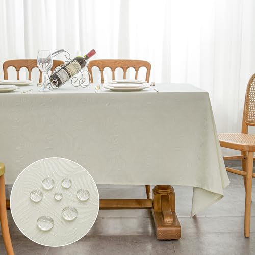 Yeahshion Rechteckige Tischdecke, Anti-Flecken, Beige 140 x 200 cm, wasserdichte Jacquard-Tischdecke mit Blattmuster für Tisch, Esszimmer, Restaurant von Yeahshion