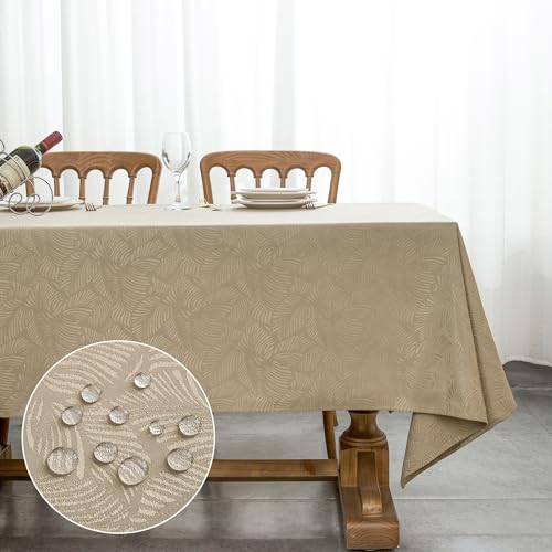 Yeahshion Rechteckige Tischdecke, Anti-Flecken, Mokka 140 x 200 cm, wasserdichte Jacquard-Tischdecke mit Blattmuster für Tisch, Esszimmer, Restaurant von Yeahshion