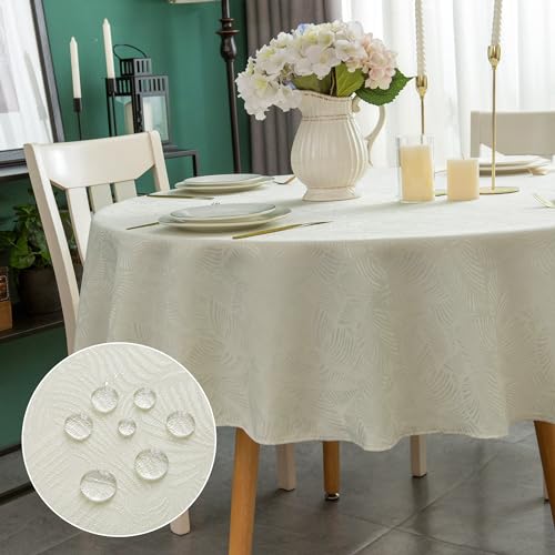 Yeahshion Runde Tischdecke, Anti-Flecken, Beige Φ150 cm, wasserdichte Jacquard-Tischdecke mit Blattmuster für Tisch, Esszimmer, Restaurant von Yeahshion