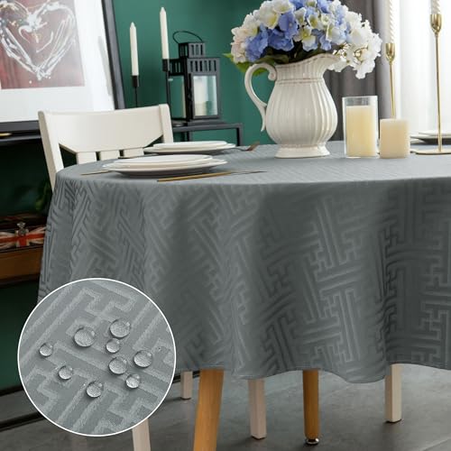 Yeahshion Runde Tischdecke, Anti-Flecken, Grau Φ180 cm, wasserdichte Jacquard-Tischdecke für Tisch, Esszimmer, Restaurant von Yeahshion