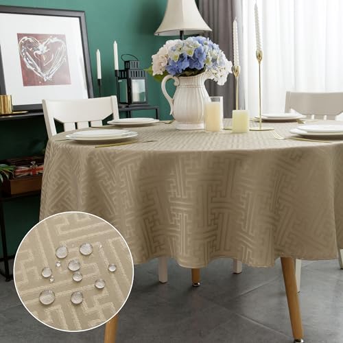 Yeahshion Runde Tischdecke, Anti-Flecken, Mokka Φ150 cm, wasserdichte Jacquard-Tischdecke für Tisch, Esszimmer, Restaurant von Yeahshion