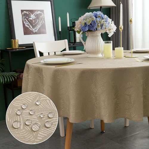 Yeahshion Runde Tischdecke, Anti-Flecken, Mokka Φ150 cm, wasserdichte Jacquard-Tischdecke mit Blattmuster für Tisch, Esszimmer, Restaurant von Yeahshion