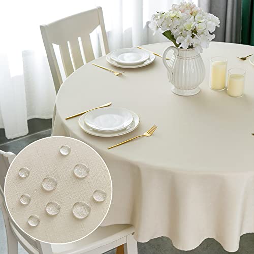 Yeahshion Runde Tischdecke Fleckabweisend Beige Φ180cm, wasserdichte Tischdecke Polyester-Leinen-Optik für Tisch, Esszimmer, Restaurant Schutz (Beige, Φ180cm) von Yeahshion