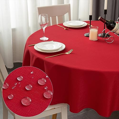 Yeahshion Runde Tischdecke Fleckabweisend Rot Φ150cm, wasserdichte Tischdecke Polyester-Leinen-Optik für Tisch, Esszimmer, Restaurant Schutz (Rot, Φ150cm) von Yeahshion