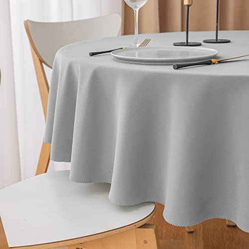 Yeahshion Schmutzabweisende Runde Tischdecke Hellgrau Φ150cm, wasserdichte Tischdecke aus Polyester mit Gewelltem Rand für Tisch, Essen, Restaurant von Yeahshion